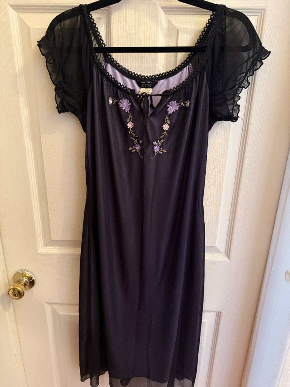Vintage 90s Dress Sheer Black Overlay with Lavender Floral Embroidery